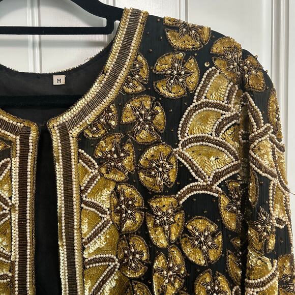 Vintage Handmade Silk Beaded Jacket M Gold India Wearable Art Collector Piece - Picture 8 of 16
